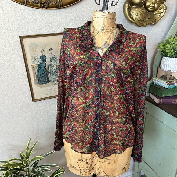 Free People Easy Rider Blue Green Red Rose Floral Sheer Button Up Blouse Sz M - Picture 2 of 12